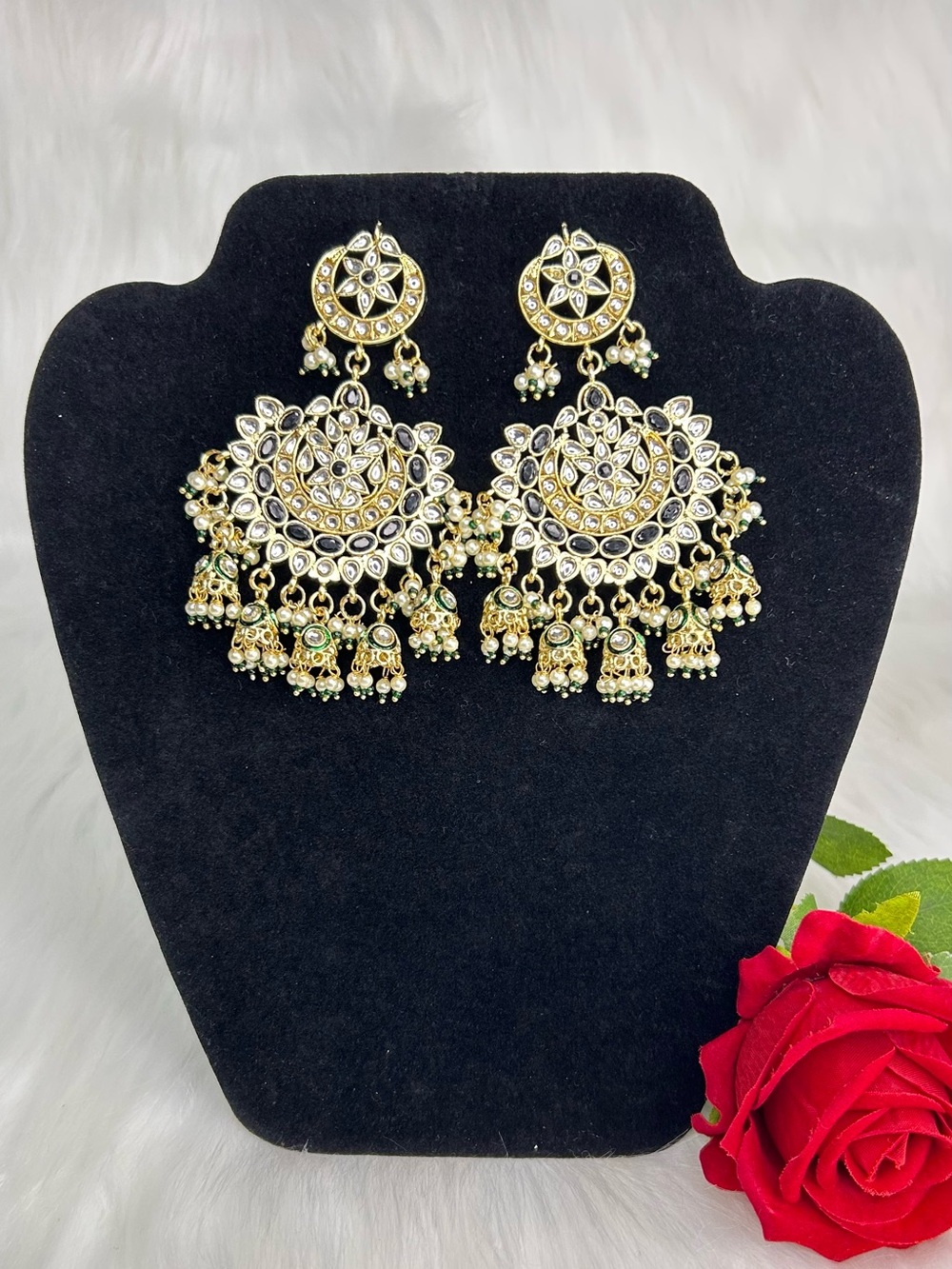 Elegant Gold Tone Black Pachi Kundan Earrings